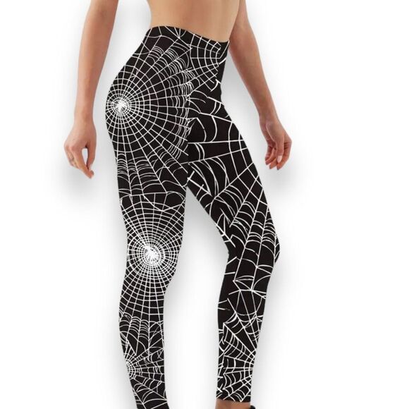 Black Widows Spider Web Fitted Ankle Leggings NEW - Picture 1 of 4